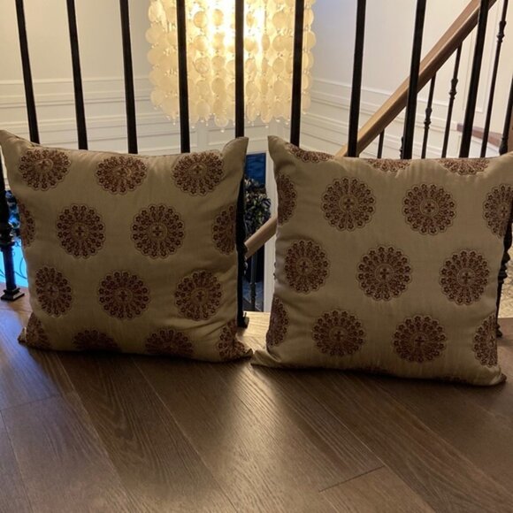 2 Beautiful Khaki Silk Embroidered Pillows With Down/Feather Insert’s - Picture 1 of 5